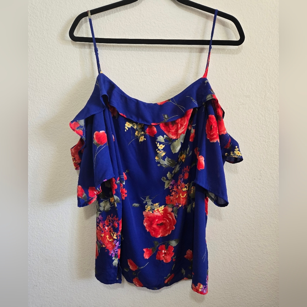 Skies Are Blue Floral Cold Shoulder Top Blue Red Green Size XL